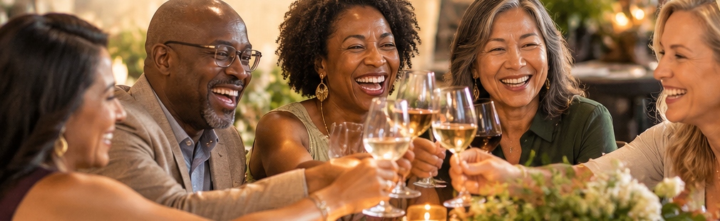 Guests smiling and raising their glasses together around a dinner table